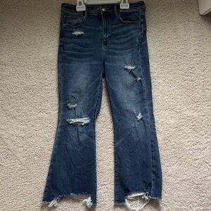 American Eagle Dark Blue Distressed Cropped Flare Jeans